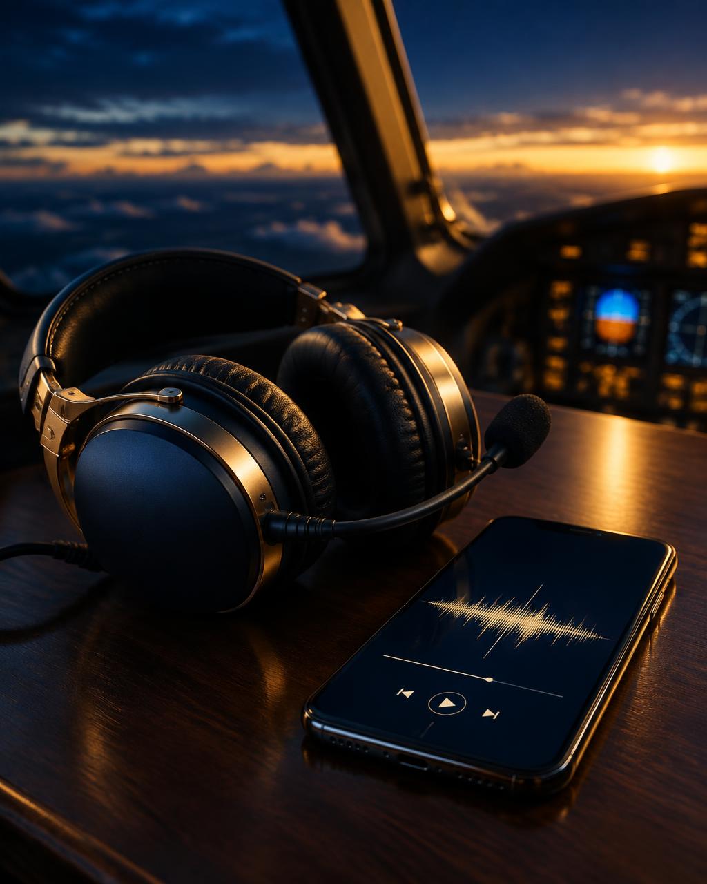 An aviation headset beside a phone playing a voice debrief, cockpit at dusk behind