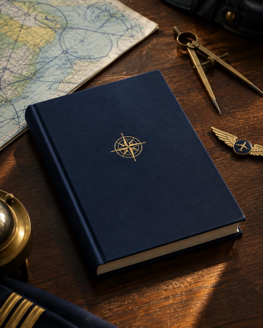A navy hardback book with a gold compass emblem on a desk with aviation charts