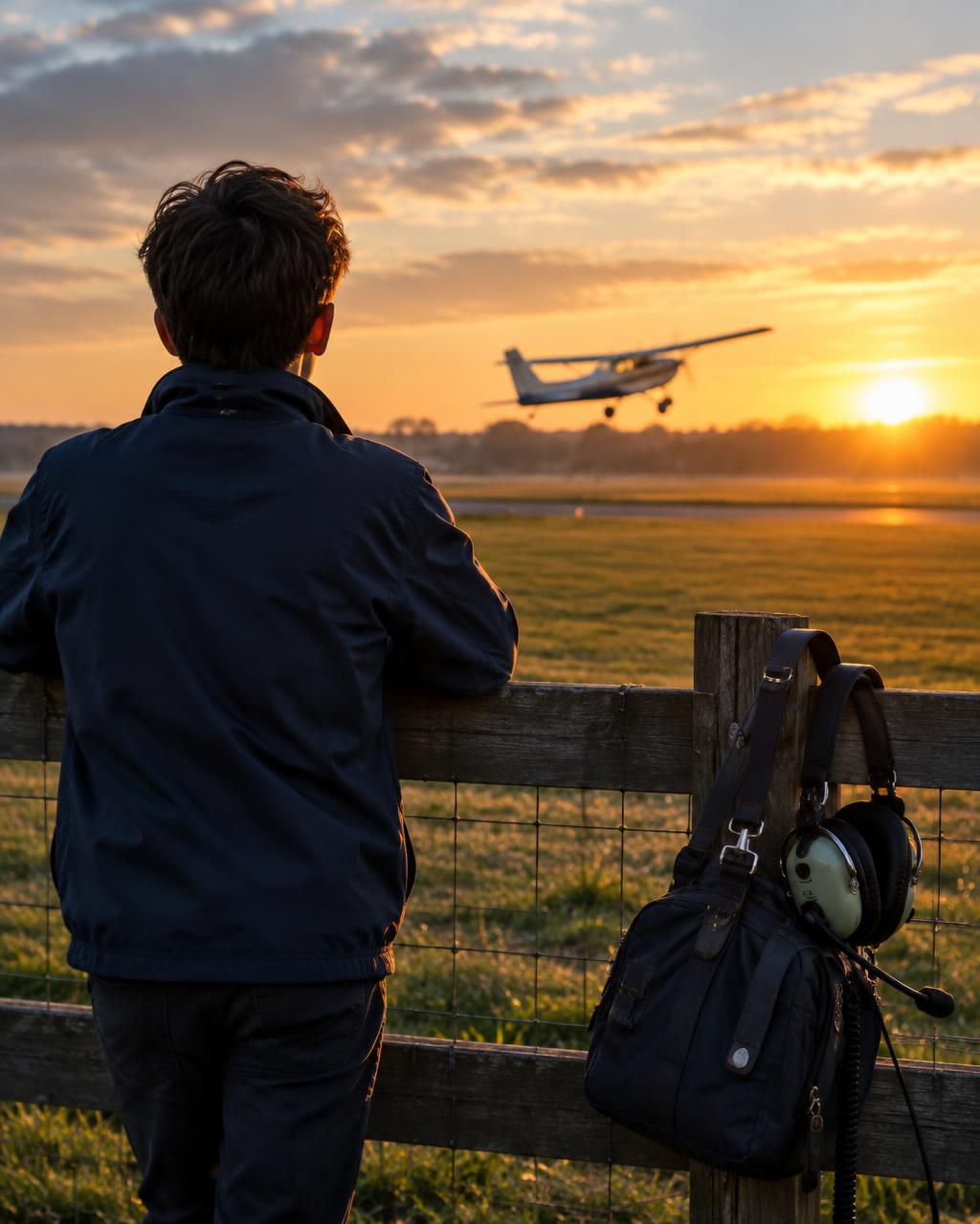 A teenager watching a light aircraft take off into golden dawn light